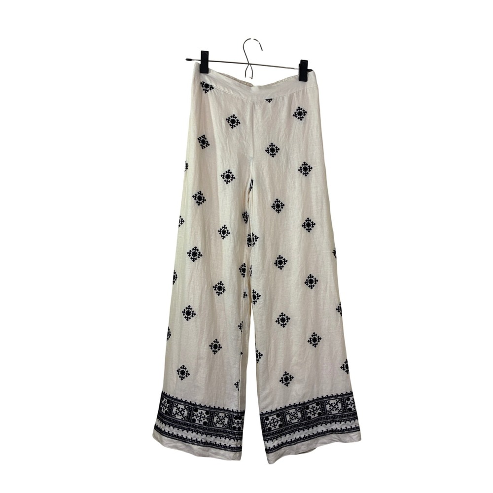Magaschoni trousers XS linen pants embroidered ecru black lined $178 luxury chic